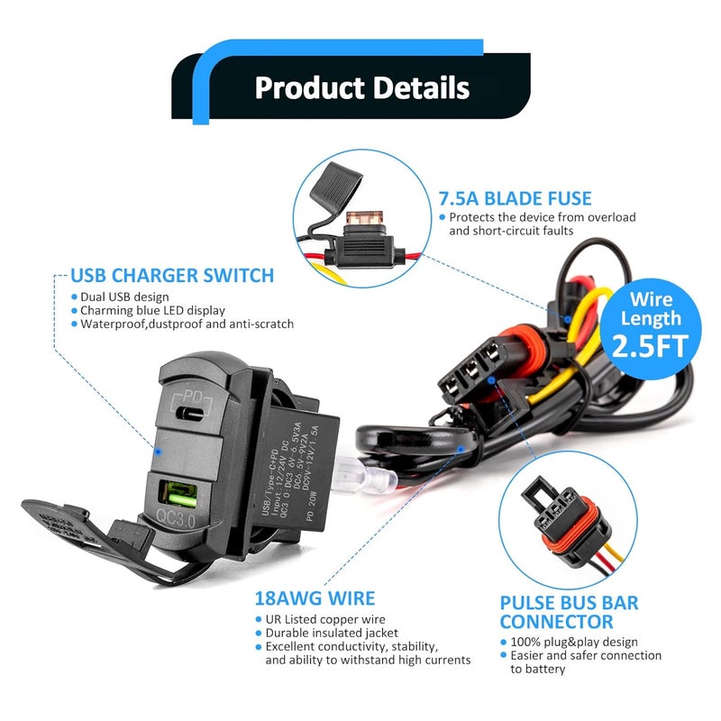 Wsays Dual USB Tpye C Rocker Plug & Play Switch Charger/Outlet 12v PD & QC 3.0 with LED Voltmeter Display Compatible with Polaris RZR Ranger General - Image 4